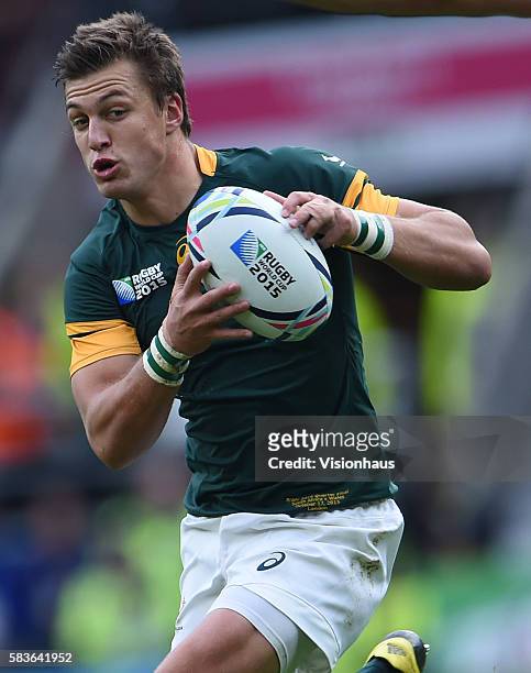 Handre Pollard of South Africa during the Rugby World Cup 2015 Quarter-Final match between South Africa and Wales at Twickenham Stadium in London,...