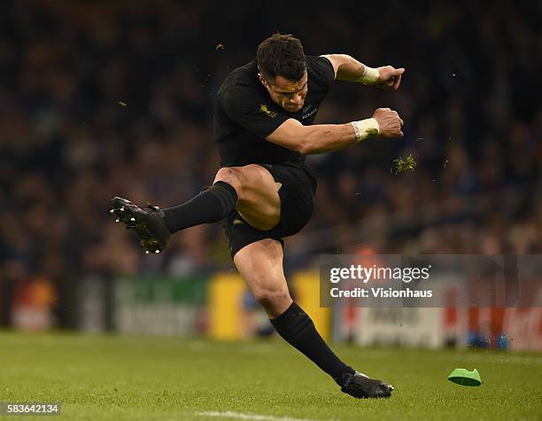 Dan Carter of New Zealand attempts to kick a conversion during the Rugby World Cup quarter final match between New Zealand and France at the...
