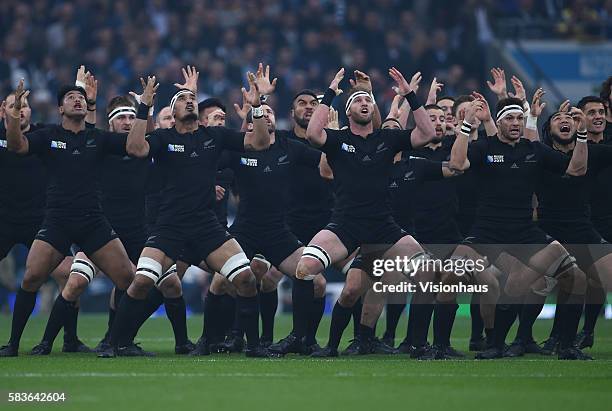 New Zealand All Blacks perform the "Haka" - with Jerome Kaino, Kieran Read and Richie McCaw in the front row before the Rugby World Cup 2015...