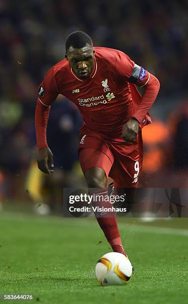 Christian Benteke of Liverpool in action during the UEFA Europa League Group match between Liverpool and FC Girondins de Bordeaux at Anfield in...