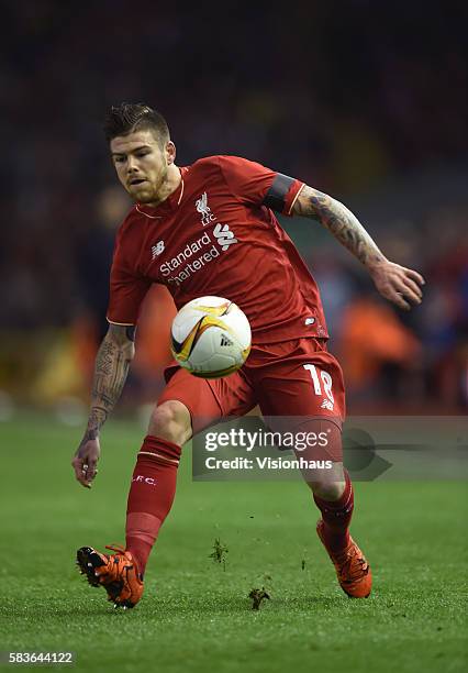 Alberto Moreno of Liverpool in action during the UEFA Europa League Group match between Liverpool and FC Girondins de Bordeaux at Anfield in...