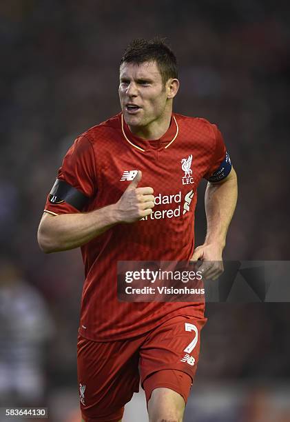 James Milner of Liverpool in action during the UEFA Europa League Group match between Liverpool and FC Girondins de Bordeaux at Anfield in Liverpool,...
