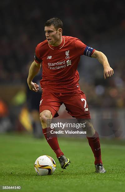 James Milner of Liverpool in action during the UEFA Europa League Group match between Liverpool and FC Girondins de Bordeaux at Anfield in Liverpool,...