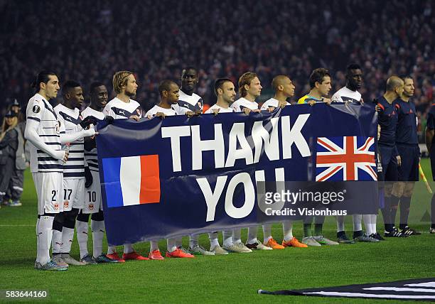 The Bordeaux players thank the British public for their support following the Paris bombings before the UEFA Europa League Group match between...