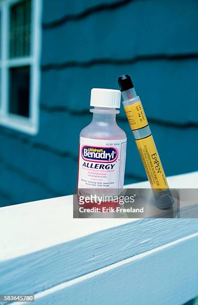 Allergy medication for children, and an EpiPen auto-injector. --- Photo by Erik Freeland/Corbis SABA | Location: Westcon, Connecticut, USA.