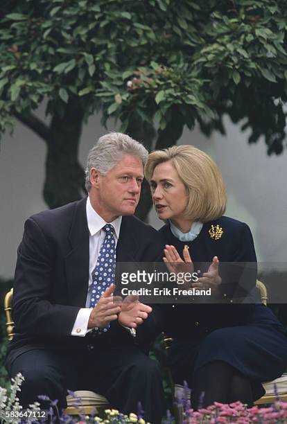 President Bill Clinton and First Lady Hillary Rodham Clinton in the Rose Garden of the White House.