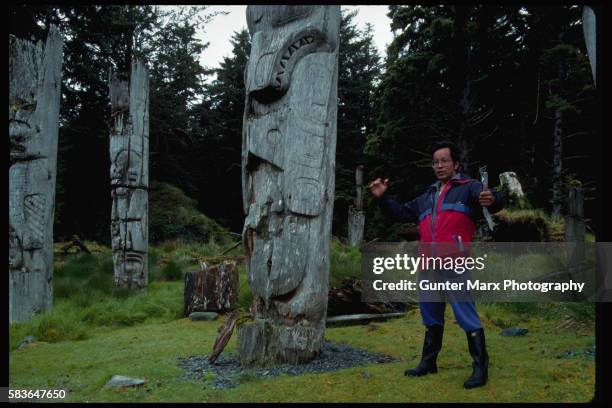 haida totem poles, queen charlotte islands - haida totem stock pictures, royalty-free photos & images