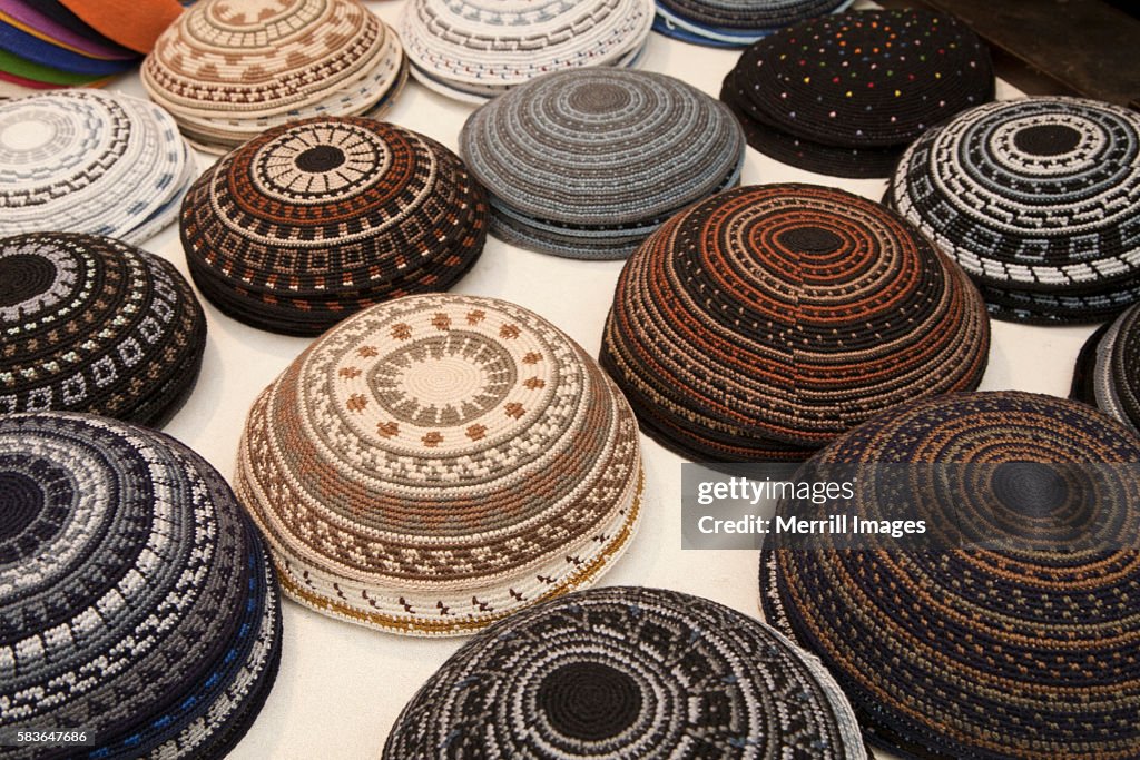 Armulkes (skull caps) for sale in market in Jerusalem, Israel