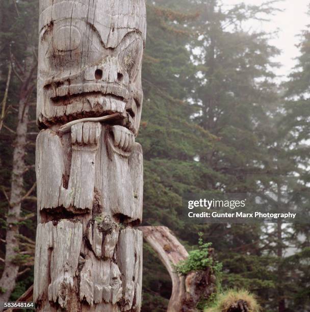 haida totem pole at ninstints, queen charlotte islands - haida totem stock pictures, royalty-free photos & images