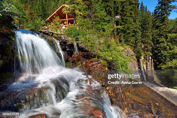 lake agnes tea house and waterfall, summer - banff hike stock pictures, royalty-free photos & images