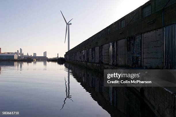 One of the four newly-constructed 2.5 megawatt wind turbines at Alexandra Dock in Liverpool. The 45-meter, 11-ton blades were lifted onto the...