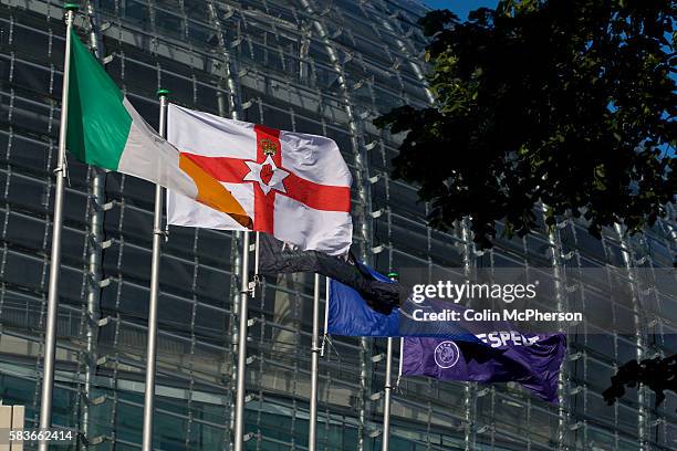 Flags flying outside the Aviva Stadium in Dublin on the day that the Republic of Ireland took on Northern Ireland in a 2011 Carling Nations Cup game....