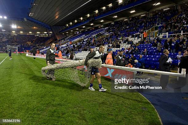 Groundstaff taking away the practice goals from the pitch at St. Andrew's before Birmingham City play SC Braga in a UEFA Europa League group stage...