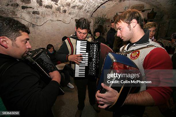 Group of musicians celebrate the end of the annual olive picking harvest in a small village in Tuscany. The annual olive harvest took place over an...