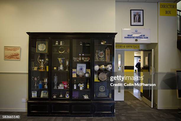 One of the trophy cabinets in the foyer of the BetButler Stadium before Dumbarton play Cowdenbeath in an Irn-Bru Scottish League First Division...