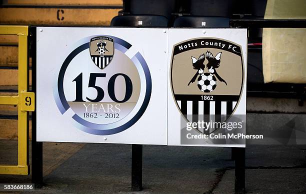 An anniversary crest at Meadow Lane, home of Notts County FC pictured during a special Legends Day match marking the club's 150th anniversary. The...