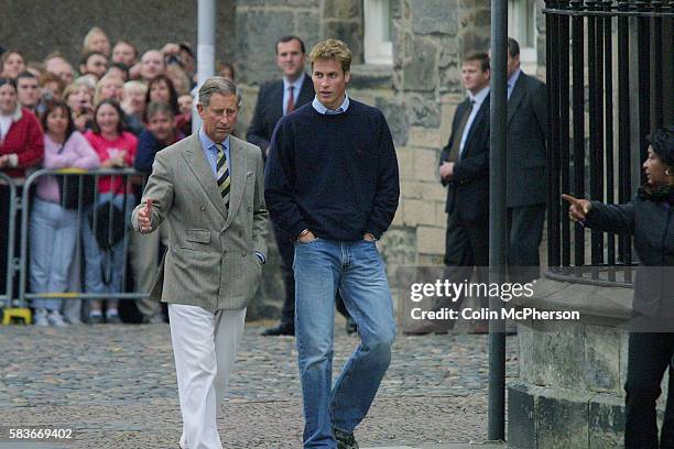 Prince William, accompanied by his father Prince Charles, greets crowds on arrival at St. Andrew's University where the young prince will be studying...