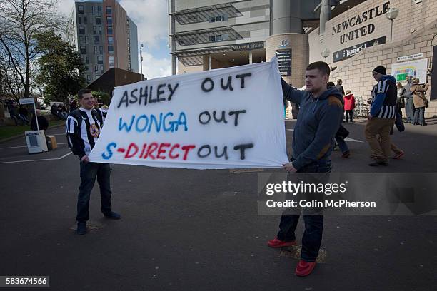 Supporters showing off a protest banner at the Gallowgate end of the stadium before Newcastle United host Tottenham Hotspurs in an English Premier...