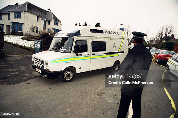 An ambulance arriving at Dunblane primary school, Scotland, shortly after the shooting incident on the premises. The Dunblane school massacre was one...