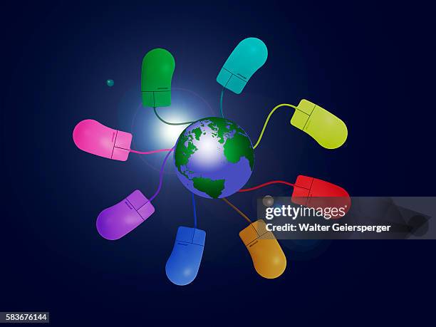 multicolored computer mice around earth - computer mouse stock illustrations