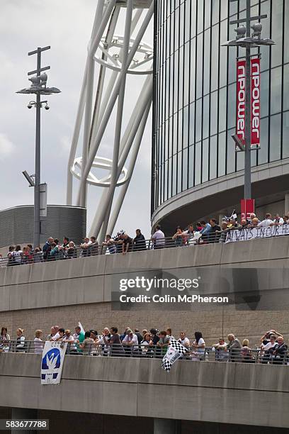 Swansea fans gathering on the walk ways surrounding the stadium before the Npower Championship play-off final between Reading and Swansea City at...