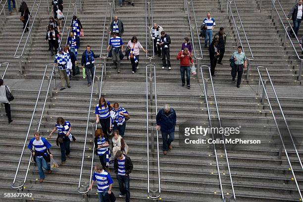 Spectators making their way down the stairs at Wembley Park London Underground station en route to the Npower Championship play-off final between...