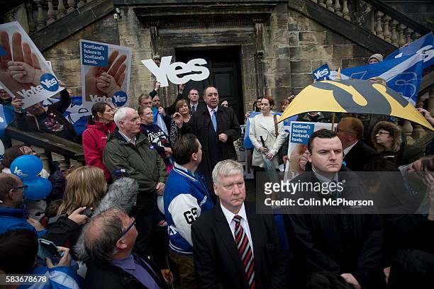 Scotland's First Minister Alex Salmond MSP, speaking to pro-independence supporters from the steps of the Burgh Hall in his home town of Linlithgow,...