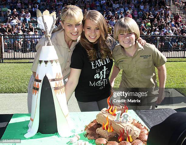 Bindi Irwin pictured at Australia Zoo for her 18th Birthday celebrations along with her mother Terri Irwin, brother Robert and her boyfriend Chandler...