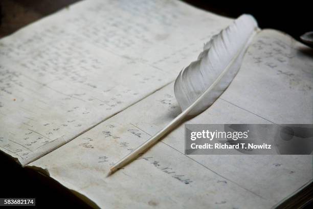 quill pen on merchant's books in colonial williamsburg - strumento per scrivere foto e immagini stock