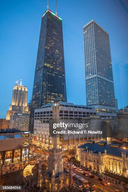 chicago water tower and hanock tower - hancock building stock pictures, royalty-free photos & images