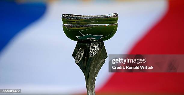 The Pokal infront at a Flagg of France during the UEFA Under19 European Championship Final match between U19 France and U19 Italy at Wirsol...