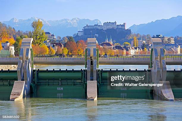 river power station in the city of salzburg - hydroelectric power stock pictures, royalty-free photos & images