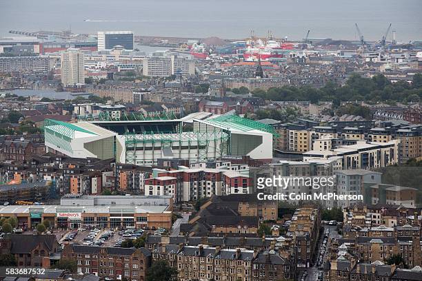 Easter Road stadium, pictured from Arthur's Seat before the Scottish Championship match between Hibernian and visitors Alloa Athletic. The home team...