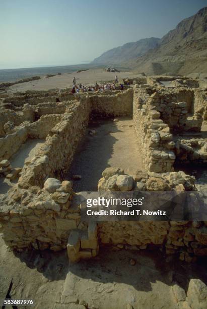 ruins at qumran, site of the dead sea scrolls - qumran stock pictures, royalty-free photos & images