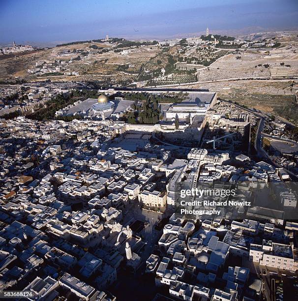 Aerial view of the city of Jerusalem, dominated by the Dome of the Rock, with the Western Wall below it. Israel.