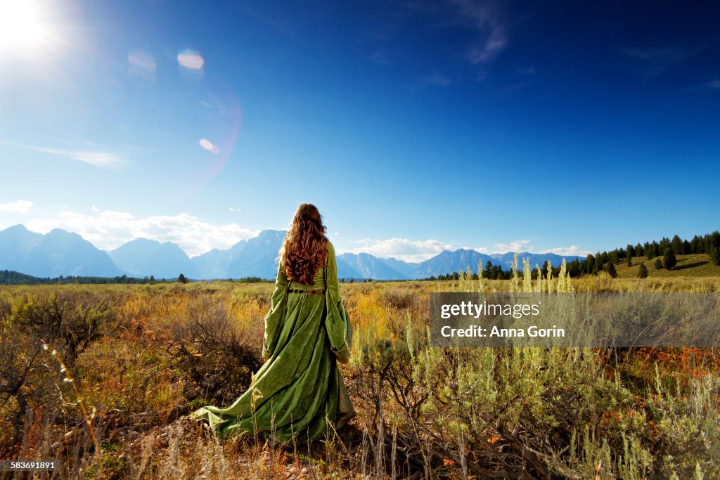 Woman in medieval gown faces mountains, rear view