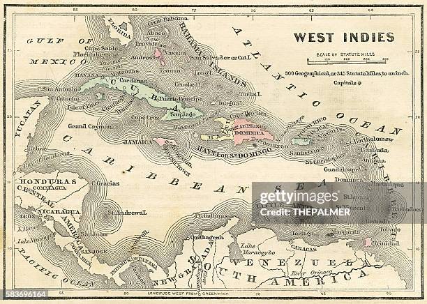 ilustraciones, imágenes clip art, dibujos animados e iconos de stock de mapa de las indias occidentales de 1856 - map caribean