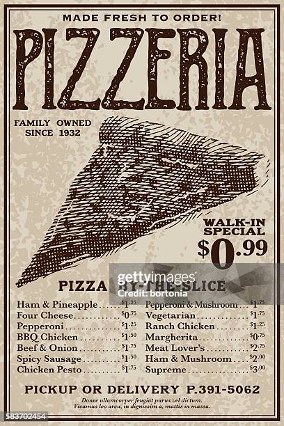 stockillustraties, clipart, cartoons en iconen met vintage victorian style pizzeria advertisement - afhaal eten