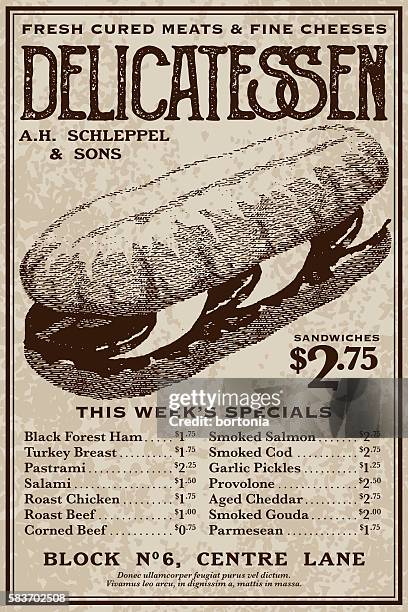 vintage victorian style delicatessen advertisement - sandwich advertising stock illustrations