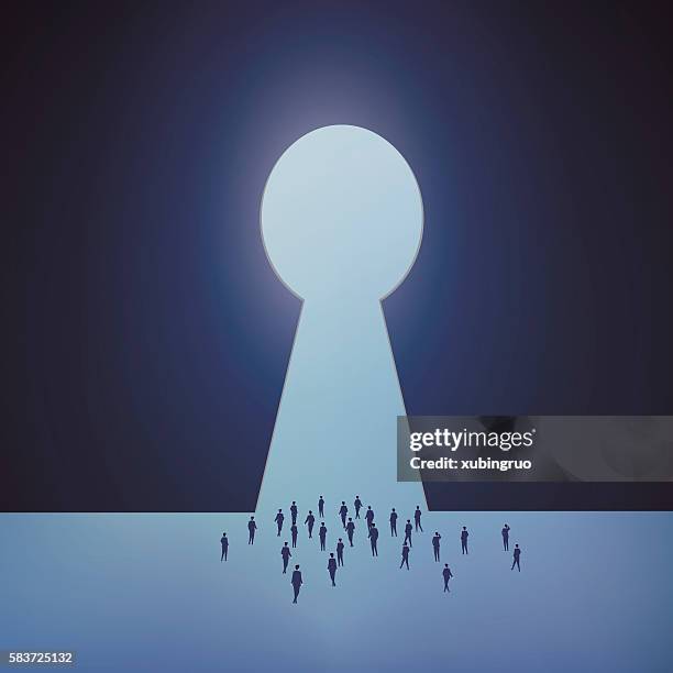 ilustrações de stock, clip art, desenhos animados e ícones de group of business people into the unknown - abrir a porta sair