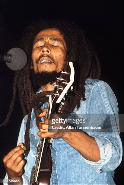 Jamaican Reggae musician Bob Marley performs onstage, New York, New York, October 1979.