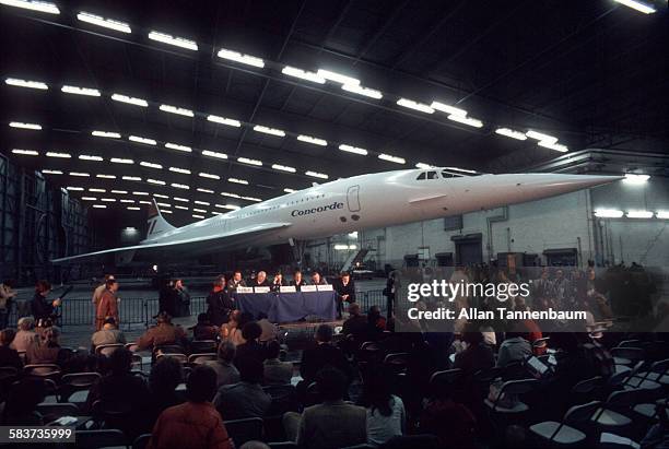 Press Conference for Air France/British Airways Concorde landing at JFK Airport after first supersonic transatlantic flight, New York, New York,...