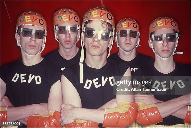 Portrait of American New Wave group Devo, New York, New York, October 1978.