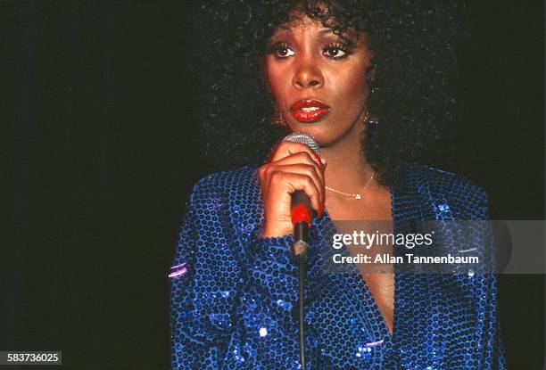 American R&B and disco musician Donna Summer sings at Studio 54, New York, New York, April 14, 1979.