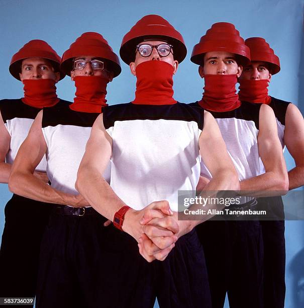 American New Wave group Devo pose in a studio , New York, New York, October 22, 1981. The photo was taken as part of a fashion layout for the SoHo...