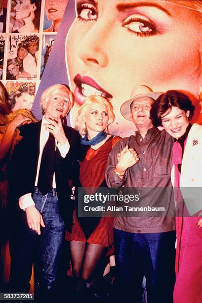 Portrait of, from left, Andy Warhol, Debbie Harry, Truman Capote, and Paloma Picasso at the Interview party at Studio 54, New York, New York, June 7,...