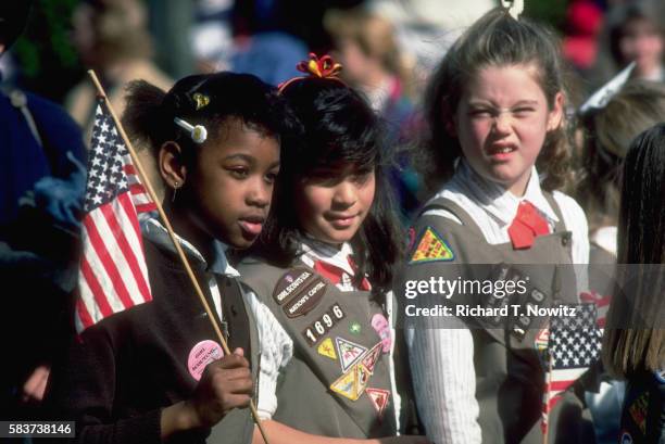 girl scouts at parade - president day stock pictures, royalty-free photos & images