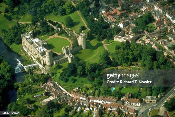 aerial view of warwick castle - warwick castle stock pictures, royalty-free photos & images