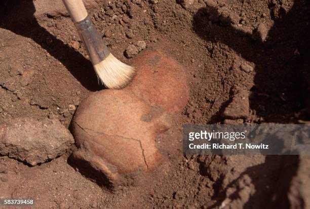 dusting pottery at archaeological site - archäologie stock-fotos und bilder