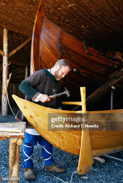 man building a viking boat - shipbuilder stock pictures, royalty-free photos & images